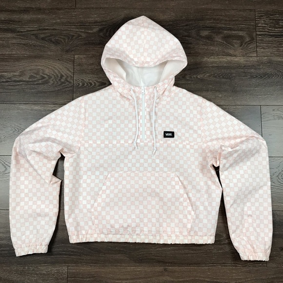 Vans Women’s Pink & White Half Zip Hooded Checkered Cropped Windbreaker Size XL - Picture 1 of 8